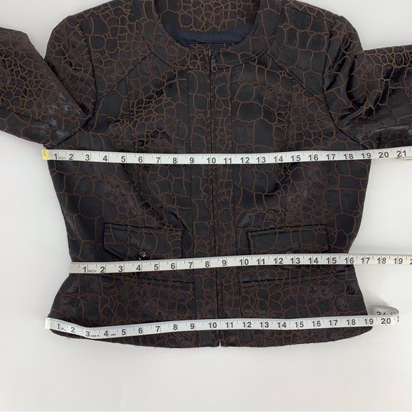 anthracite Brown Scale Print Zipper Closure 3/4 Ruched Sleeve Blazer, 10 - Picture 14 of 16